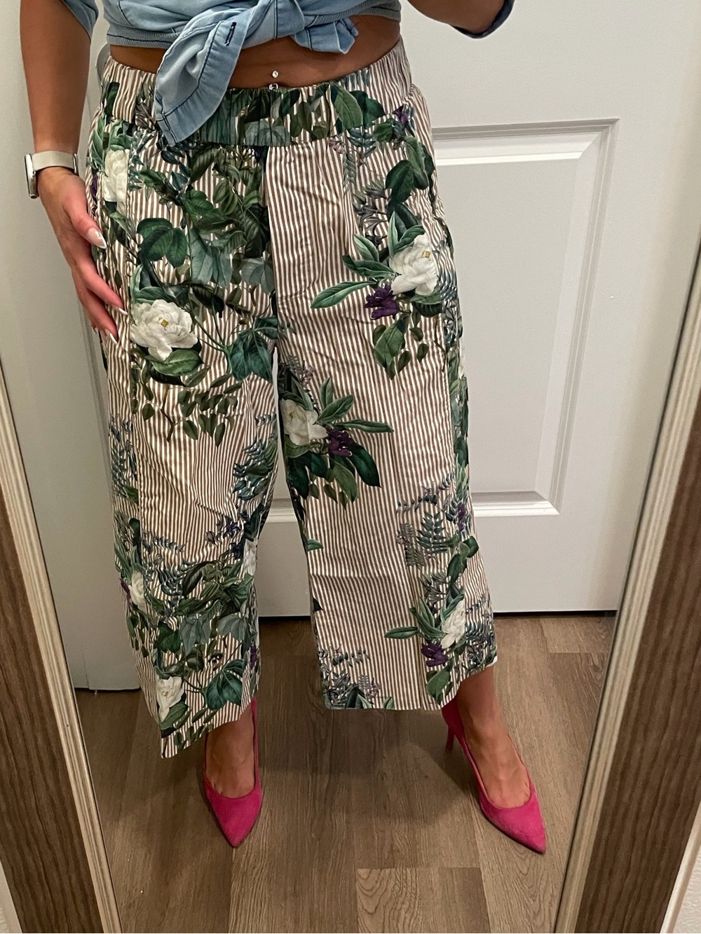 Zara Floral Wide-Leg Cropped Pants - Green/White